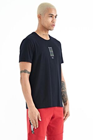 Lacivert Minimal Yazı Baskılı O Yaka Standart Kalıp Erkek T-Shirt - 88227 | M