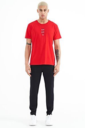 Kırmızı Minimal Yazı Baskılı O Yaka Standart Kalıp Erkek T-Shirt - 88227 | XXL