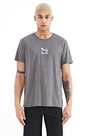 Koyu Gri Baskılı O Yaka Standart Kalıp Erkek T-Shirt - 88222 | L