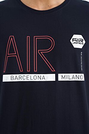 Lacivert Yazı Baskılı O Yaka Standart Kalıp Erkek T-Shirt - 88209 | L