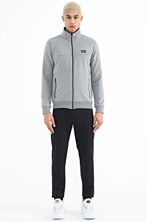 Gri Melanj - Siyah Dik Yaka Fermuarlı Gizli Cepli Jogger Erkek Eşofman Takım - 85178 | S