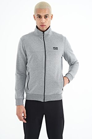Gri Melanj - Siyah Dik Yaka Fermuarlı Gizli Cepli Jogger Erkek Eşofman Takım - 85178 | S