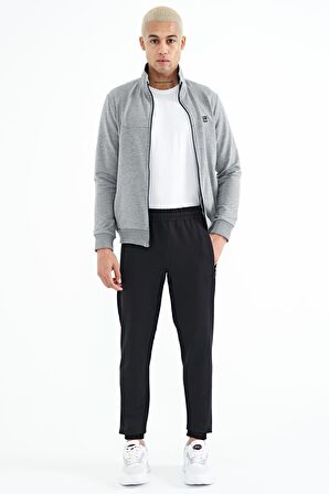 Gri Melanj - Siyah Dik Yaka Fermuarlı Gizli Cepli Jogger Erkek Eşofman Takım - 85178 | S