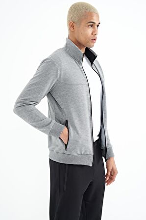 Gri Melanj - Siyah Dik Yaka Fermuarlı Gizli Cepli Jogger Erkek Eşofman Takım - 85178 | S