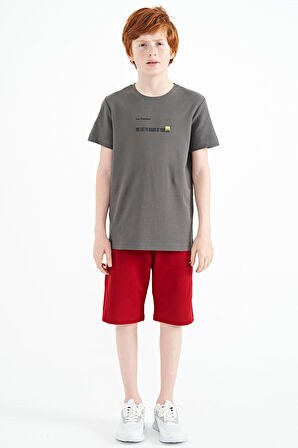 Koyu Gri Baskı Detaylı O Yaka Standart Kalıp Erkek  Çocuk T-Shirt - 11117 | 10-11