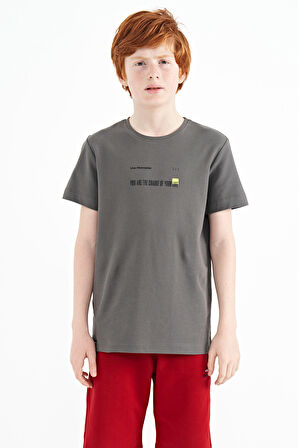 Koyu Gri Baskı Detaylı O Yaka Standart Kalıp Erkek  Çocuk T-Shirt - 11117 | 12-13