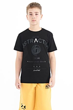 Siyah Yazı Baskı Detaylı O Yaka Standart Kalıp Erkek Çocuk T-Shirt - 11103 | 12-13