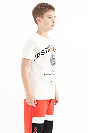 Ekru Yazı Baskı Detaylı O Yaka Standart Kalıp Erkek Çocuk T-Shirt - 11103 | 12-13