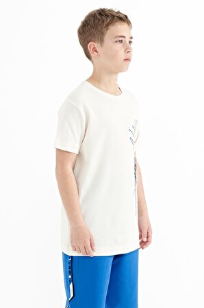 Ekru Yazı Baskılı O Yaka Standart Kalıp Erkek Çocuk T-Shirt - 11119 | 10-11