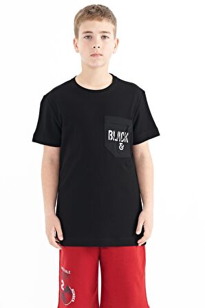 Siyah Ön Cepli Nakış Detaylı O Yaka Standart Kalıp Erkek Çocuk T-Shirt - 11116 | 12-13