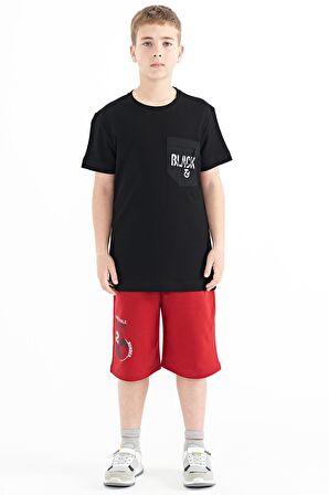 Siyah Ön Cepli Nakış Detaylı O Yaka Standart Kalıp Erkek Çocuk T-Shirt - 11116 | 12-13
