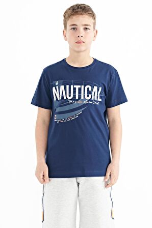 İndigo Yazı Baskılı O Yaka Standart Kalıp Erkek  Çocuk T-Shirt - 11100 | 12-13