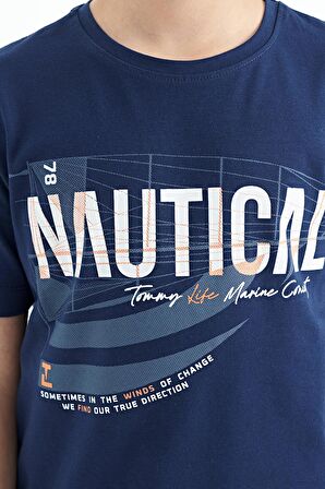 İndigo Yazı Baskılı O Yaka Standart Kalıp Erkek  Çocuk T-Shirt - 11100 | 12-13