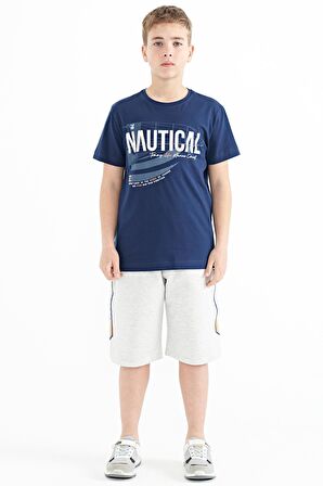 İndigo Yazı Baskılı O Yaka Standart Kalıp Erkek  Çocuk T-Shirt - 11100 | 12-13