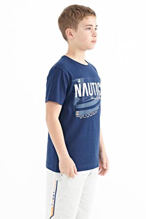 İndigo Yazı Baskılı O Yaka Standart Kalıp Erkek  Çocuk T-Shirt - 11100 | 12-13