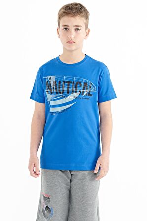 Saks Yazı Baskılı O Yaka Standart Kalıp Erkek  Çocuk T-Shirt - 11100 | 10-11