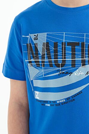 Saks Yazı Baskılı O Yaka Standart Kalıp Erkek  Çocuk T-Shirt - 11100 | 10-11