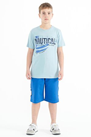 Açık Mavi Yazı Baskılı O Yaka Standart Kalıp Erkek  Çocuk T-Shirt - 11100 | 11-12