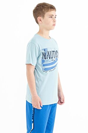 Açık Mavi Yazı Baskılı O Yaka Standart Kalıp Erkek  Çocuk T-Shirt - 11100 | 11-12