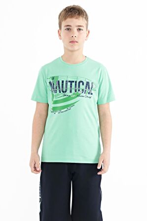 Su Yeşili Yazı Baskılı O Yaka Standart Kalıp Erkek  Çocuk T-Shirt - 11100 | 12-13