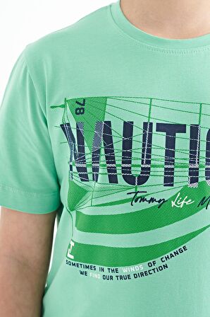 Su Yeşili Yazı Baskılı O Yaka Standart Kalıp Erkek  Çocuk T-Shirt - 11100 | 12-13
