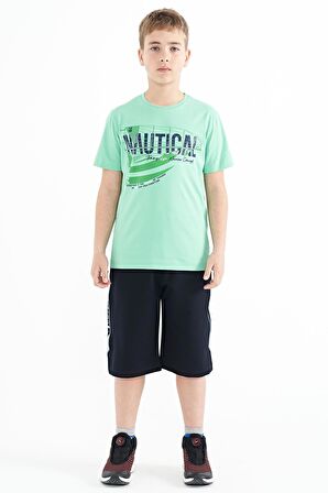 Su Yeşili Yazı Baskılı O Yaka Standart Kalıp Erkek  Çocuk T-Shirt - 11100 | 12-13