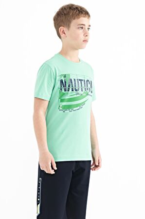 Su Yeşili Yazı Baskılı O Yaka Standart Kalıp Erkek  Çocuk T-Shirt - 11100 | 12-13