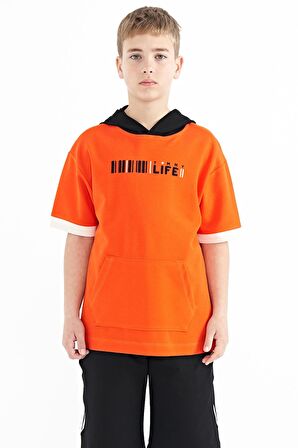 Portakal Renk Bloklu Kapüşonlu Kanguru Cepli Oversize Erkek Çocuk T-Shirt - 11148 | 7-8