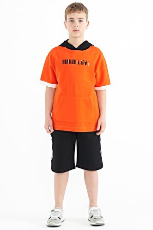 Portakal Renk Bloklu Kapüşonlu Kanguru Cepli Oversize Erkek Çocuk T-Shirt - 11148 | 7-8