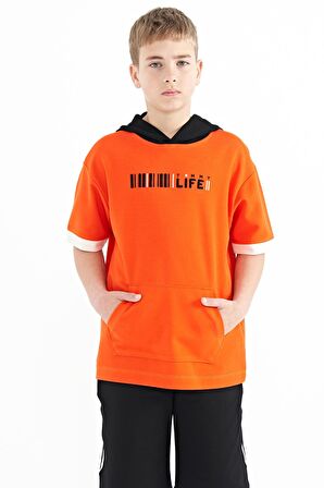 Portakal Renk Bloklu Kapüşonlu Kanguru Cepli Oversize Erkek Çocuk T-Shirt - 11148 | 7-8