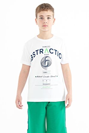 Beyaz Yazı Baskı Detaylı O Yaka Standart Kalıp Erkek Çocuk T-Shirt - 11103 | 5-6