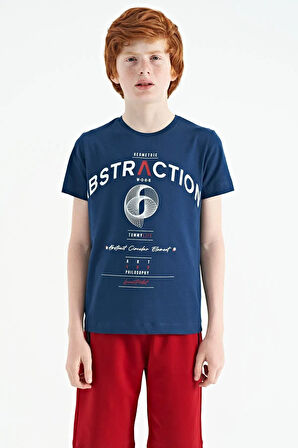 İndigo Yazı Baskı Detaylı O Yaka Standart Kalıp Erkek Çocuk T-Shirt - 11103