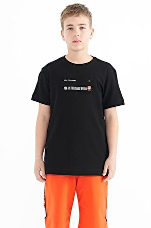 Siyah Baskı Detaylı O Yaka Standart Kalıp Erkek T-Shirt - 11117 | 4-5