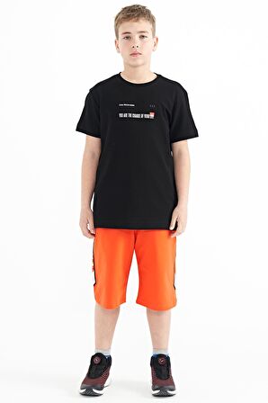 Siyah Baskı Detaylı O Yaka Standart Kalıp Erkek T-Shirt - 11117 | 4-5