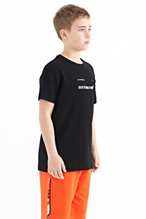 Siyah Baskı Detaylı O Yaka Standart Kalıp Erkek T-Shirt - 11117 | 4-5
