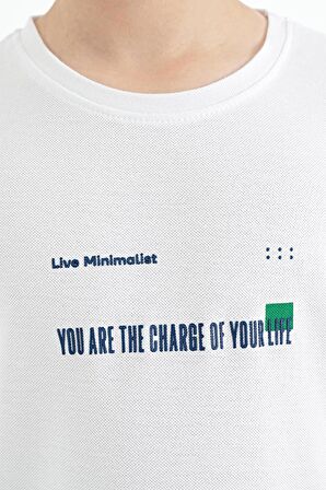 Beyaz Baskı Detaylı O Yaka Standart Kalıp Erkek Çocuk  T-Shirt - 11117 | 8-9