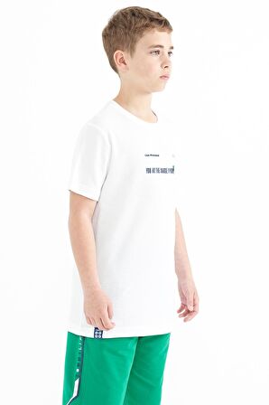Beyaz Baskı Detaylı O Yaka Standart Kalıp Erkek Çocuk  T-Shirt - 11117 | 8-9