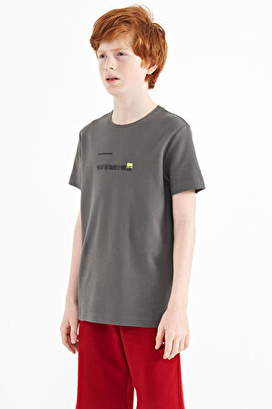 Koyu Gri Baskı Detaylı O Yaka Standart Kalıp Erkek  Çocuk T-Shirt - 11117 | 5-6
