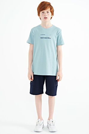 Açık Mavi Baskı Detaylı O Yaka Standart Kalıp Erkek  Çocuk T-Shirt - 11117 | 8-9