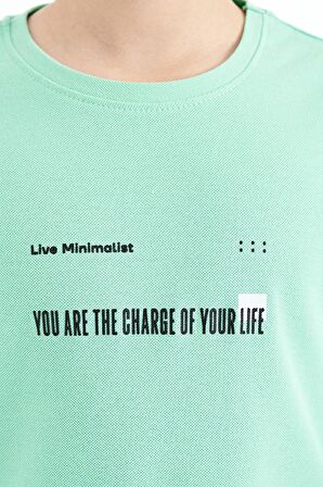 Su Yeşili Baskı Detaylı O Yaka Standart Kalıp Erkek Çocuk  T-Shirt - 11117 | 3-4