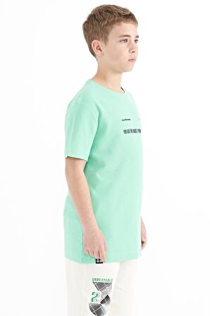 Su Yeşili Baskı Detaylı O Yaka Standart Kalıp Erkek Çocuk  T-Shirt - 11117 | 3-4