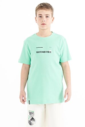 Su Yeşili Baskı Detaylı O Yaka Standart Kalıp Erkek T-Shirt - 11117 | 6-7