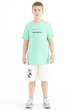 Su Yeşili Baskı Detaylı O Yaka Standart Kalıp Erkek T-Shirt - 11117 | 6-7