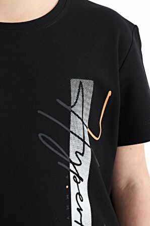 Siyah Yazı Baskılı O Yaka Standart Kalıp Erkek Çocuk T-Shirt - 11119 | 8-9