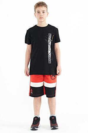 Siyah Yazı Baskılı O Yaka Standart Kalıp Erkek Çocuk T-Shirt - 11119 | 8-9