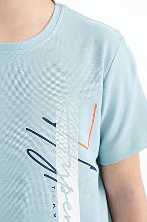 Açık Mavi Yazı Baskılı O Yaka Standart Kalıp Erkek Çocuk T-Shirt - 11119 | 3-4