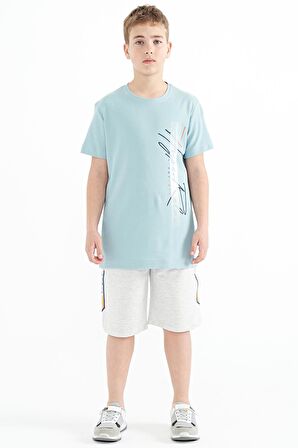 Açık Mavi Yazı Baskılı O Yaka Standart Kalıp Erkek Çocuk T-Shirt - 11119 | 3-4