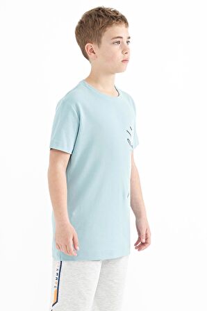 Açık Mavi Yazı Baskılı O Yaka Standart Kalıp Erkek Çocuk T-Shirt - 11119 | 3-4