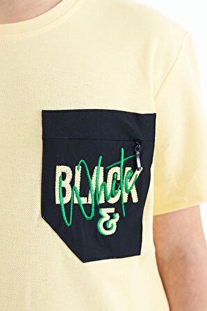 Sarı Ön Cepli Nakış Detaylı O Yaka Standart Kalıp Erkek Çocuk T-Shirt - 11116 | 7-8