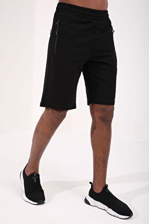 Siyah Gizli Fermuar Arka Cepli Bağcıklı Standart Kalıp Erkek Şort - 81136 | S